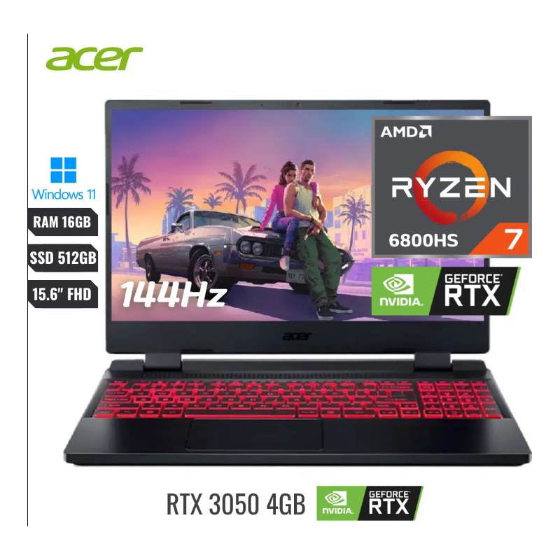 LAPTOP ACER NITRO 5 RYZEN 7 6800HS RAM 16GB 512GB SSD VIDEO RTX3050 4GB WINDOWS 11